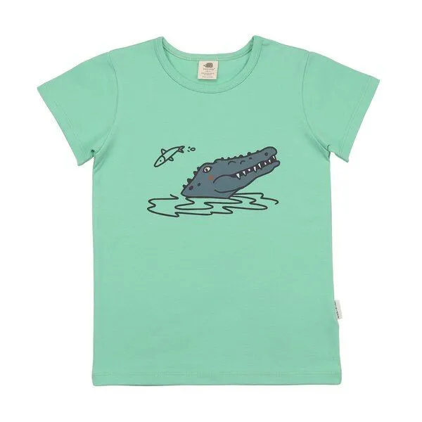 Walkiddy Kinder T-Shirt GOTS-zertifiziert aus Bio-Baumwolle, mint „Funny Crocodiles“, kurzarm mit Krokodilmotiv – Walkiddy, weich & hautfreundlich, Blau, – Produktbild 1 von 3
