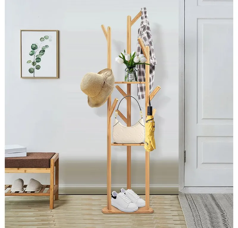 JEOBEST Garderobenständer Bambus Kleiderständer in Baumform mit 9 Haken, 3 Ebenen, Freistehender Kleiderständer für Kleidung Hüte Tasche, Beige, – Produktbild 2 von 5