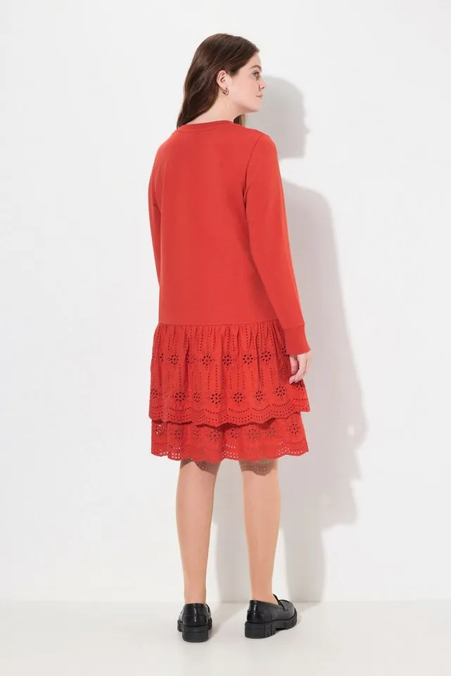 Ulla Popken Midikleid Sweatkleid Spitze Rundhals Langarm Biobaumwolle, Rot, – Produktbild 4 von 4