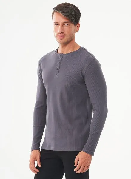 ORGANICATION ORGANICATION Geripptes Henley Langarmshirt aus Bio-Baumwolle, Asphalt, – Produktbild 3 von 4