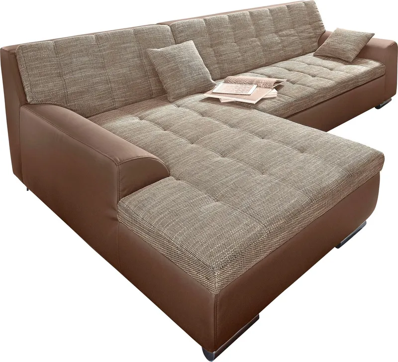 DOMO collection Ecksofa TREVISO viele Bezüge, auch in Cord, L-Form, 267x178 cm, mit Bettfunktion, inkl. Zierkissen, Unser Dauertiefpreis, Beige|braun, – Produktbild 1 von 5