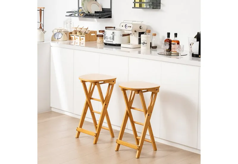 COSTWAY COSTWAY Barhocker Bambus, Sitzhocker klappbar (2 Set), ohne Lehne, Sitzhöhe 61cm, 150kg, Beige, – Produktbild 2 von 5