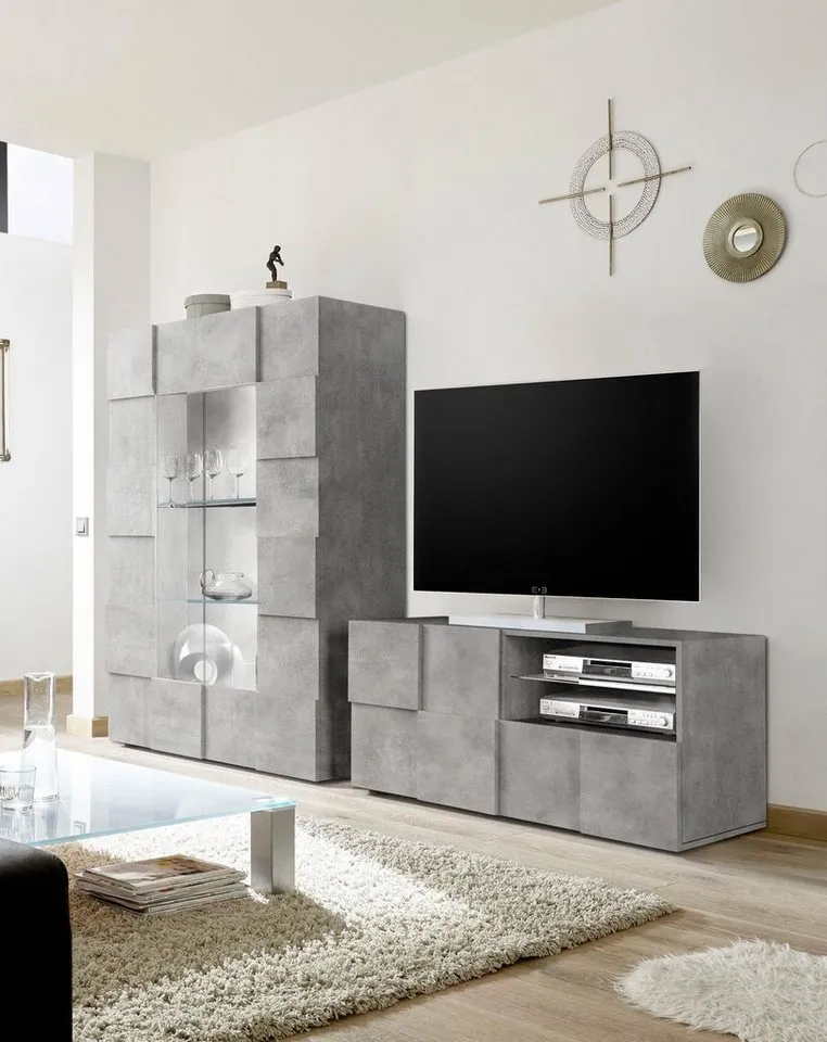 Home affaire Vitrine Dama Höhe 166 cm, Breite 121 cm, Stauraumvitrine mit 2 Türen, Standvitrine - Front in 3D-Optik, viel Stauraum, verschiedene Farben, Grau, – Produktbild 3 von 5
