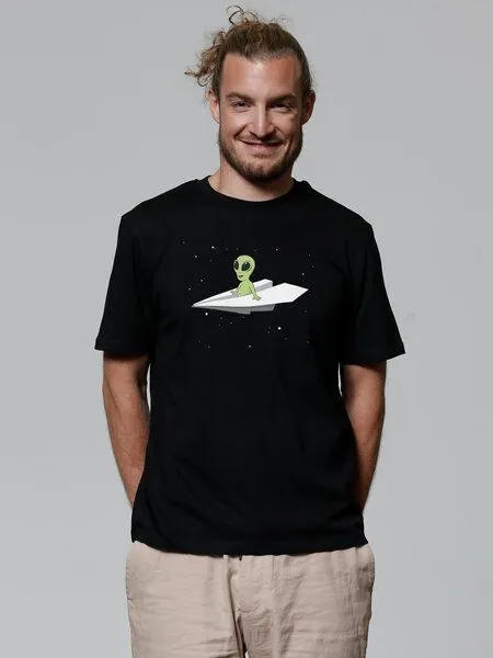 watapparel watapparel T-Shirt Unisex Alien on a paper plane, Black, – Produktbild 2 von 3