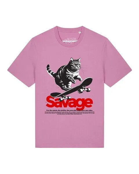 watapparel watapparel T-Shirt Unisex Savage cat, Bubble pink, – Produktbild 1 von 3