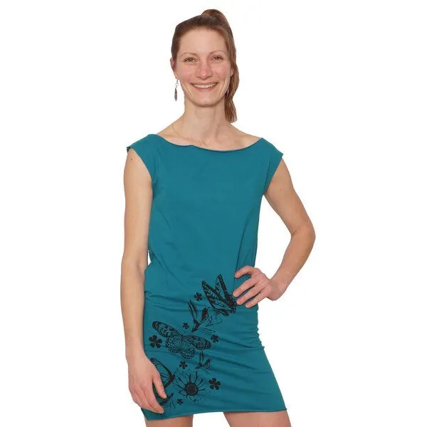 HANDGEDRUCKT HANDGEDRUCKT "Frühlingsboten" Bio-Kleidchen, Petrol, – Produktbild 1 von 3