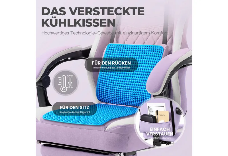 Dowinx Gaming-Stuhl Stoff mit Taschenfederkissen, Gaming Sessel mit Fußstütze, Ergonomischer Bürostuhl, Lila, – Produktbild 4 von 5