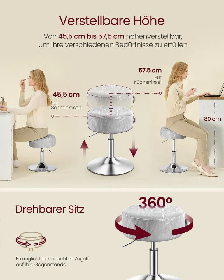 VASAGLE Barhocker Schminkhocker Schminkstuhl höhenverstellbar, 1/2er Set (1 St), für Schlafzimmer, Küche, 360° drehbar, dicke Polsterung, Grau, – Produktbild 5 von 5
