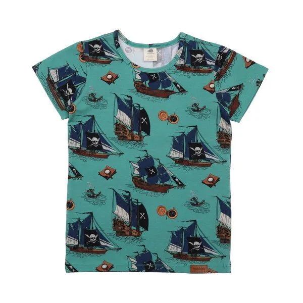 Walkiddy Kinder T-Shirt GOTS-zertifiziert aus Bio-Baumwolle grün mit Piratenschiff-Motiv – Walkiddy, Grün, – Produktbild 1 von 3