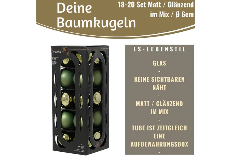 LS-LebenStil Weihnachtsbaumkugel 18-20 Design Glas Weihnachtskugeln 6cm Grün Rosmarin Christbaum Dekoku (18 St), Edle Weihnachtsdeko Matt / Glänzend Weihnachtsbaumschmuck Deko Kugeln, Grün, – Produktbild 2 von 5