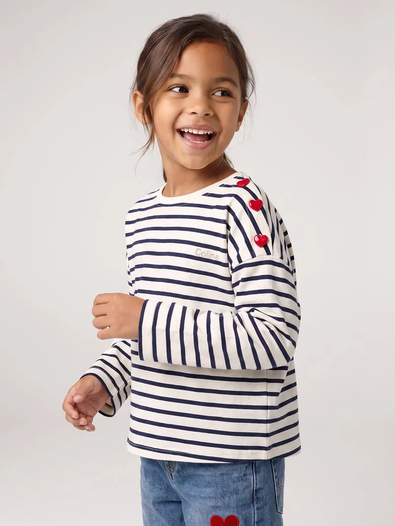Vertbaudet Ringelshirt mit Herzknöpfen Mädchen, Marine, – Produktbild 1 von 4
