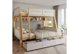 Merax Etagenbett 90x200cm/120x200 cm (Stauraum & Sicherheit im Kinderzimmer, 1-St., Jugendbett Stockbett Doppelbett Hausbett), Kieferholz Kinderbett mit Schubladen Bücherregal Umzäunung Trittleiter – Produktbild 1 von 1