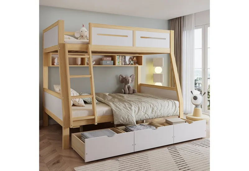 Merax Etagenbett 90x200cm/120x200 cm (Stauraum & Sicherheit im Kinderzimmer, 1-St., Jugendbett Stockbett Doppelbett Hausbett), Kieferholz Kinderbett mit Schubladen Bücherregal Umzäunung Trittleiter, Weiß, – Produktbild 1 von 3