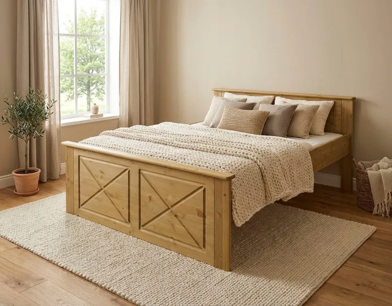 OTTO home Massivholzbett Hugo, FSC® zertifiziertes Massivholz, optionaler Stauraum/ Bettkästen (B/T/H: 153/208/84 cm, Liegefläche 140x200), aus massiver Kiefer, Landhaustil mit edlen Verzierungen, Made in EU, Beige, – Produktbild 2 von 5