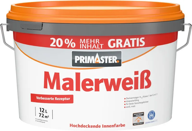 Primaster Wandfarbe Primaster Wandfarbe Malerweiß matt 12 L + 20%, Weiß, – Produktbild 1 von 1