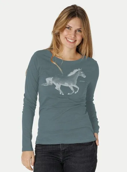 Peaces.bio - handbedruckte Biomode Peaces.bio - handbedruckte Biomode Bio-Damen-Langarmshirt Horsepower, Blaugrün, – Produktbild 1 von 2