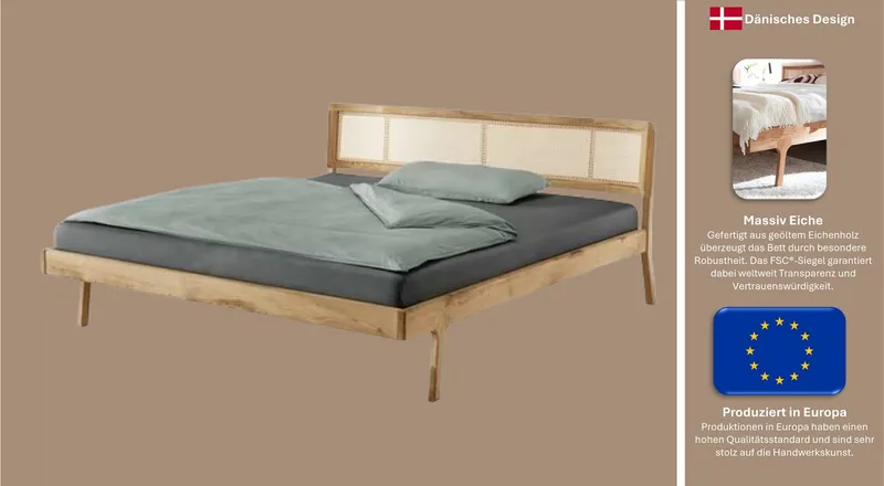 OTTO home Massivholzbett Hällevik, Kopfteil höhenverstellbar, Eiche massiv, mit Wiener Geflecht (mehrere Breiten), skandinavischer Stil, Made in EU, FSC®-zertifiziert, sehr stabil, Beige, – Produktbild 4 von 8