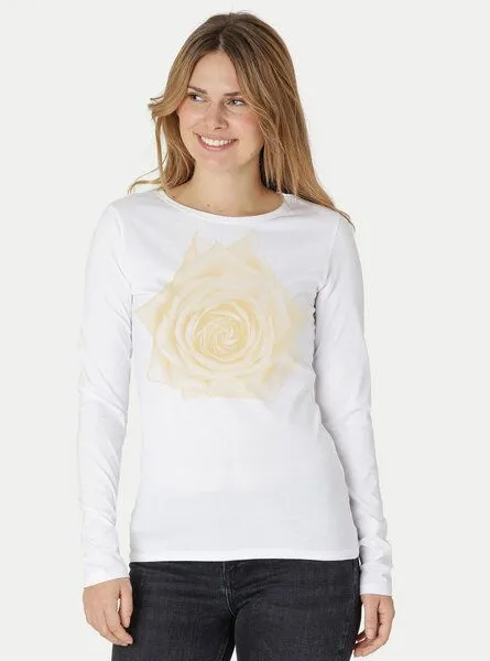 Peaces.bio - handbedruckte Biomode Peaces.bio - handbedruckte Biomode Bio-Damen-Langarmshirt Rose, Weiss, – Produktbild 1 von 2