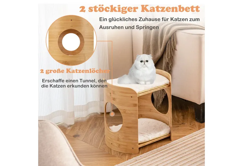 KOMFOTTEU Tierbett, 2 stöckiger Katzenbett, aus Bambus, Beige, – Produktbild 2 von 5