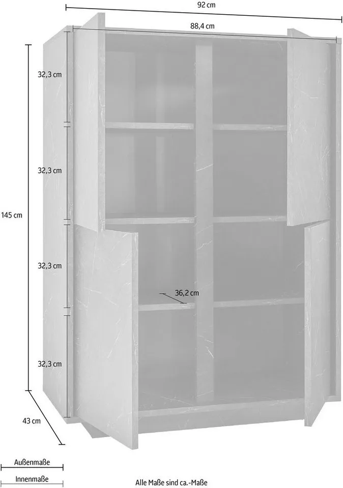 Home affaire Highboard Carrara, grifflos, Grau, – Produktbild 4 von 5
