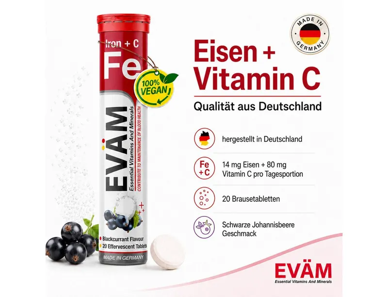 EVÄM Eisen + Vitamin C mit schwarze Johannisbeeren, vegan Brausetabletten, 1 er Rörchen à 20 St., 82 g – Produktbild 2 von 4