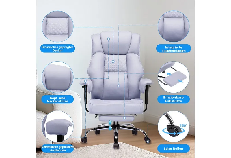 GTPLAYER Gaming-Stuhl für Große und Schwere Personen, ergonomischer Bürostuhl bis 150 kg, 3D Sitzkissen, verstellbar mit Fußstütze für Büro & Gaming, Lila, – Produktbild 3 von 5