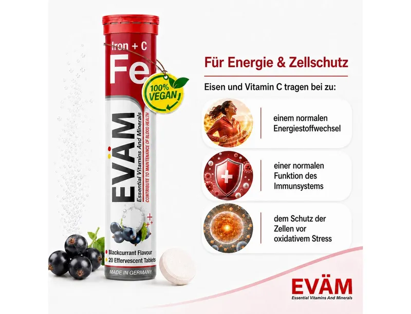 EVÄM Eisen + Vitamin C mit schwarze Johannisbeeren, vegan Brausetabletten, 1 er Rörchen à 20 St., 82 g – Produktbild 4 von 4