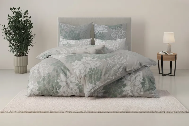 OTTO home Bettwäsche Susan in Gr. 135x200 oder 155x220 cm, Linon, 2 teilig, in verschiedenen Qualitäten, romantische Bettwäsche mit Blumen, Grün, – Produktbild 3 von 6