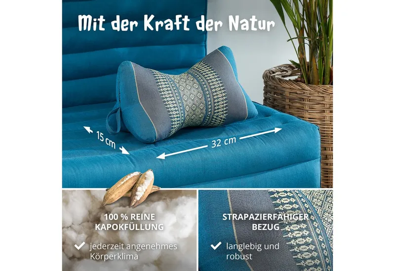 livasia Nackenstützkissen Knochenkissen, vegan und handgefertigt, Ø 15x32cm, Kapok, Blau, – Produktbild 4 von 5