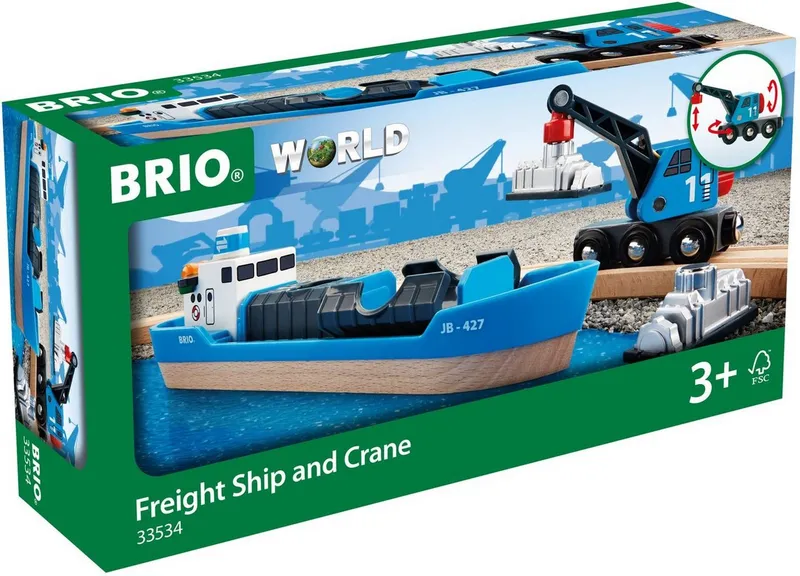 BRIO BRIO Spielzeugeisenbahn-Erweiterung BRIO® WORLD, Containerschiff mit Kranwagen, Bunt, – Produktbild 1 von 4