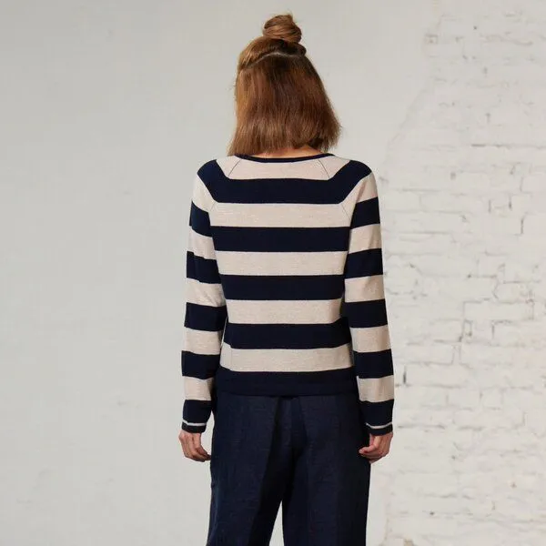 CON_STANT CON_STANT Streifen Strickpulli 100% Merinowolle (kbT), Ringel creme / darkblue, – Produktbild 3 von 4