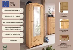 OTTO home Garderobenschrank Adele mit Spiegel, Breite 63 cm, mit 2 Schubladen, aus massiver Kiefer, FSC® – Produktbild 1 von 1