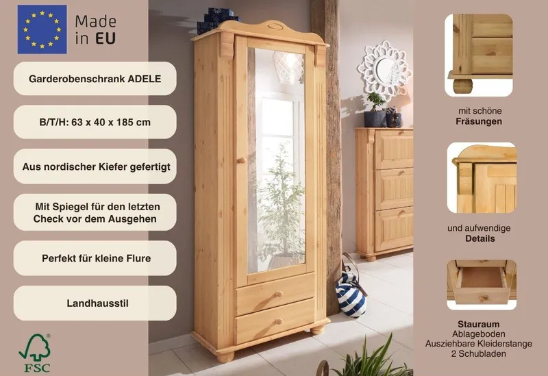 OTTO home Garderobenschrank Adele mit Spiegel, Breite 63 cm, mit 2 Schubladen, aus massiver Kiefer, FSC®, Beige, – Produktbild 1 von 5
