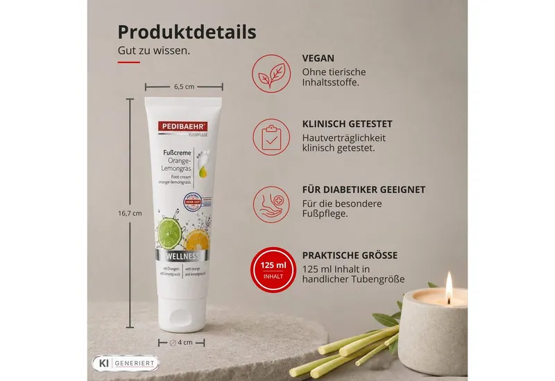 Pedibaehr Fußcreme Pedibaehr Fußcreme Orange-Lemongras 125ml Diabetiker geeignet, 1-tlg., reichhaltige, duftende Pflege & intensive Feuchtigkeit – Produktbild 5 von 5