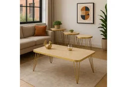 Jungengel Couchtisch Set 4-teilig Travertin Creme Gold Wohnzimmer Beistelltisch Naturstein (4-St., 4-teiliges Tisch-Set), Luxus Couchtisch-Set Travertin Creme mit goldenen Metallbeinen – Produktbild 1 von 1