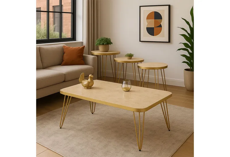 Jungengel Couchtisch Set 4-teilig Travertin Creme Gold Wohnzimmer Beistelltisch Naturstein (4-St., 4-teiliges Tisch-Set), Luxus Couchtisch-Set Travertin Creme mit goldenen Metallbeinen, Goldfarben, – Produktbild 1 von 5