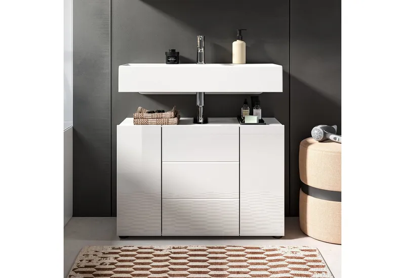 furnling Waschbeckenunterschrank Vera 82 cm breit, weiß hochglanz, 3-türig, grifflos, mit Siphon-Ausschnitt, Weiß, – Produktbild 2 von 5