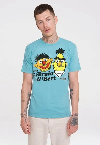 LOGOSH!RT LOGOSH!RT Sesamstrasse Ernie & Bert Havin Fun 100% Organic Cotton T-Shirt, Blau-grün, – Produktbild 4 von 4