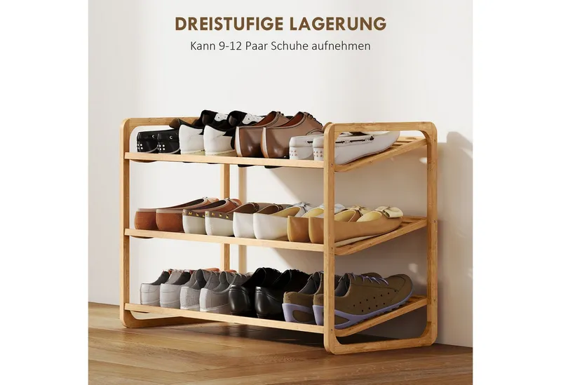 HOMCOM HOMCOM Standregal 3-stöckiges Schuhregal aus Bambus, freistehendes Aufbewahrungsregal für 12 Paar Schuhe 1-tlg., Schuhregalständer für Flur, Wohnzimmer, 76 x 33 x 50,8 cm, Beige, – Produktbild 5 von 5