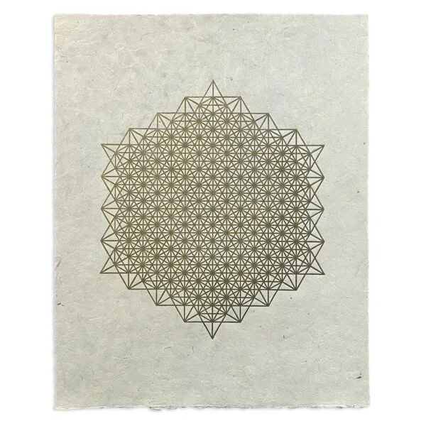 Veskor Cassiopeia Veskor Cassiopeia STERN TETRAEDER 512 Heilige Geometrie Linoldruck | 40 x 50 cm | Gold auf Naturweiß – Produktbild 1 von 4