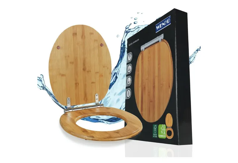 Wenko Wenko WC-Sitz Bambusa, aus Bambus, mit Absenkautomatik, feuchtigkeitsresistent, Beige|silberfarben, – Produktbild 1 von 5