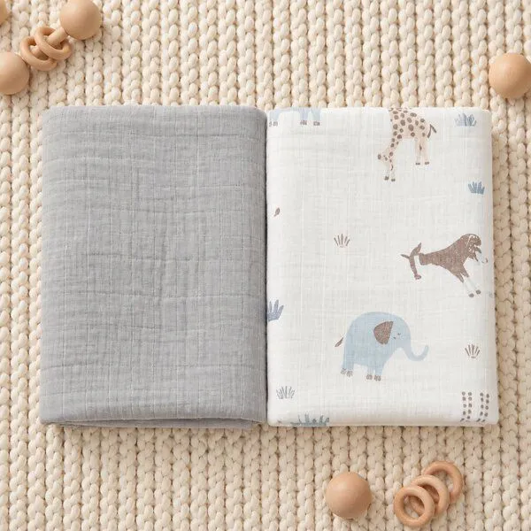 Bebekevi Bebekevi Spucktuch - Multitücher - Decke Müsselin 80 × 90 cm - 2er set - 100 % Baumwolle, Grau-forrest, – Produktbild 1 von 3