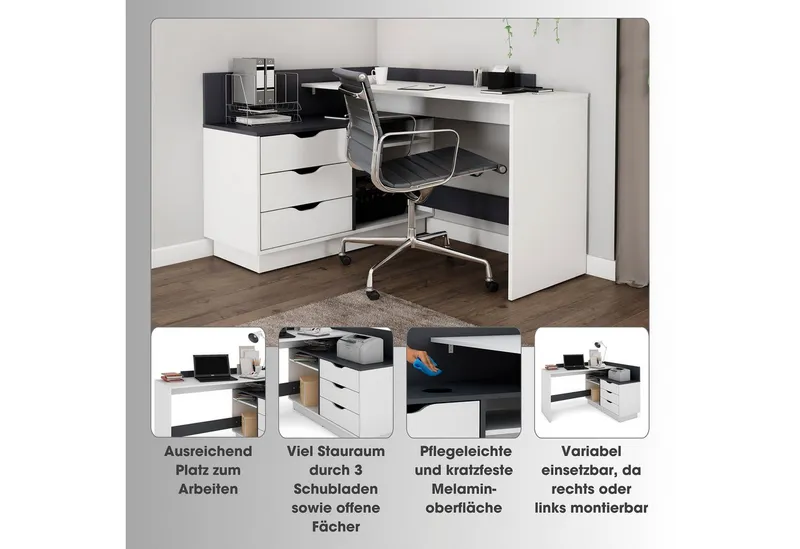 OTTO home Eckschreibtisch Bexley, mit viel Stauraum, Breite 129 cm, rechts oder links montierbar, Beige, – Produktbild 1 von 8
