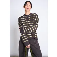 JAN N JUNE JAN 'N JUNE Damen vegan Strick-Polo-Pullover Etta Zartbitter Gestreift, Dunkelbraun, – Produktbild 1 von 1