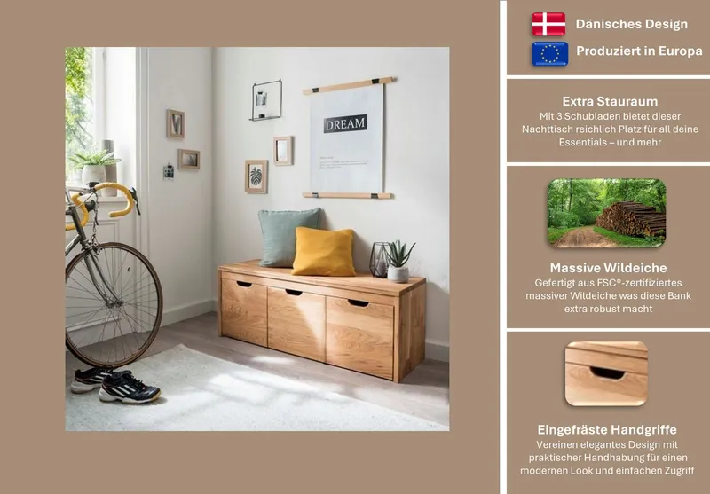 Home affaire Schuhbank Dura Schuhbank incl. Schubladen funktionell und stabil, Massivholz, Skandinavisches Design, Robust, stabil, FSC zertifiziert, Beige, – Produktbild 5 von 8
