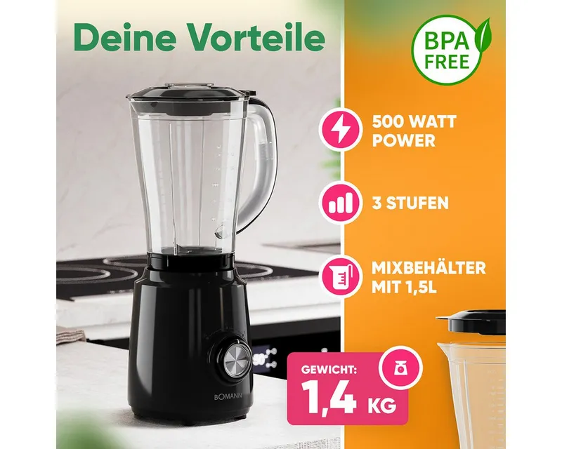 Bomann Bomann Standmixer UM 6091 CB, Standmixer 500W, Mixer, Schwarz, – Produktbild 3 von 5