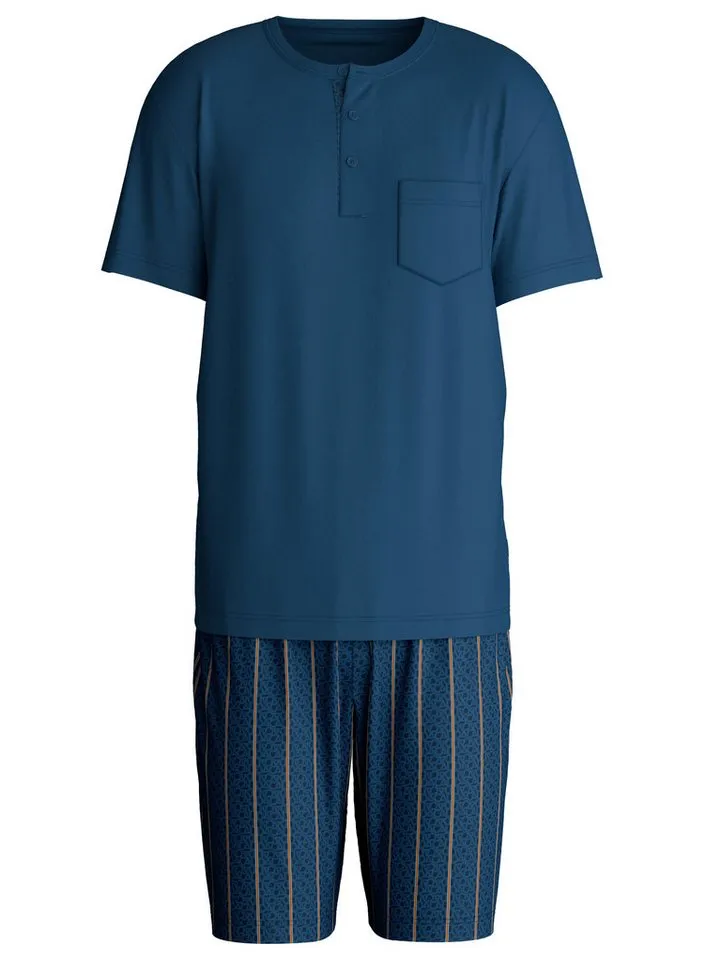 CALIDA CALIDA Shorty Relax Imprint 1 (2 tlg) mit Rundhalsausschnitt, Knopfleiste, kurze Ärmel, Single Jersey, Blau, – Produktbild 2 von 5