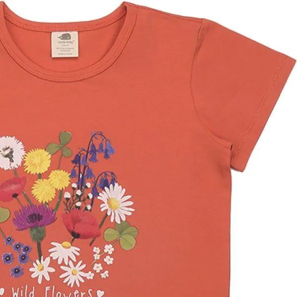 Walkiddy Kinder T-Shirt GOTS-zertifiziert aus Bio-Baumwolle, orange mit Wild-Flowers-Motiv, kurzarm – Walkiddy, weich & hautfreundlich, Orange, – Produktbild 2 von 3