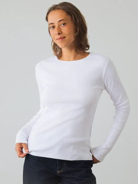 Honest Basics Honest Basics Damen Geripptes Langarmshirt aus Bio- und recycelter Baumwolle, Weiss, – Produktbild 1 von 4