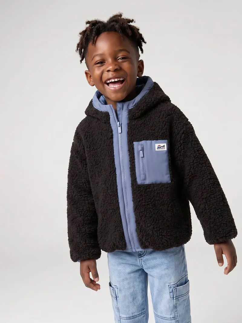 Vertbaudet Vertbaudet Jungen Wendejacke mit Kapuze und Teddyfleece, Graublau, – Produktbild 2 von 4